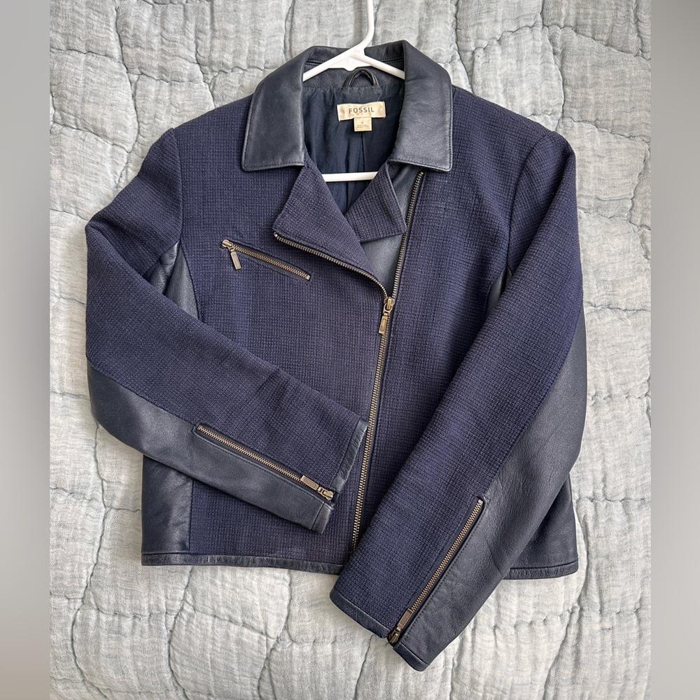 Fossil Women’s Leather + Fabric Motorcycle Zip Jacket